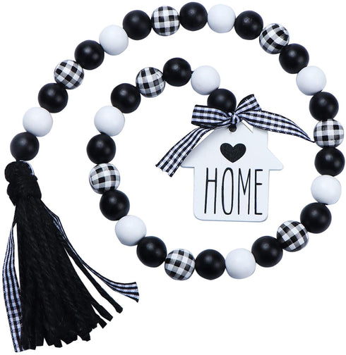 JOTFA Farmhouse Wood Bead Garland, Black & White Plaid Rustic Wooden Beads with Black Jute Buffalo Plaid Tassels Rustic Wooden HOME Sign for Farmhouse Tiered Tray D©cor Natural Country Chic Home D©cor