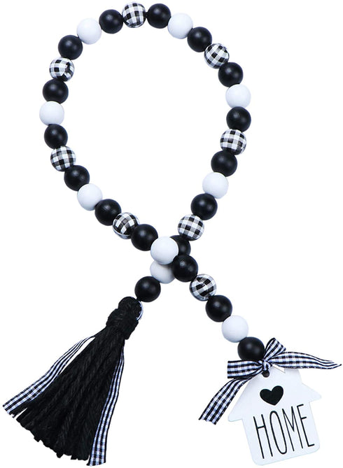JOTFA Farmhouse Wood Bead Garland, Black & White Plaid Rustic Wooden Beads with Black Jute Buffalo Plaid Tassels Rustic Wooden HOME Sign for Farmhouse Tiered Tray D©cor Natural Country Chic Home D©cor