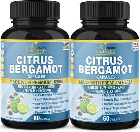 2 Packs Citrus Bergamot Extract Capsules 10300mg & Berberine, Olive, Guggul, Garlic, Pine Bark, Black Pepper | Improves Heart and Cardiovascular Health , Supports Immune System, 4 Months Supply