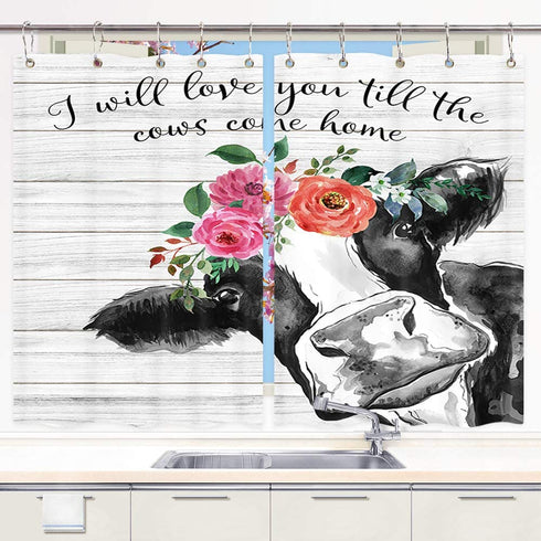 Cow Shower Curtains for Bathroom Gray Rustic Wood Cute Farm Cow with Floral Bathroom Accessories Set, Funny Black White Modern Farmhouse Animal Country Barn Door Bath Decor Hooks 69x72 Inch