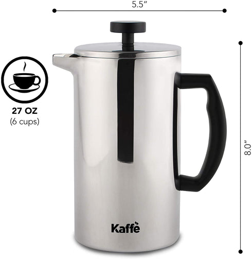 Kaffe French Press Coffee Maker. Food-Grade Double-Wall Stainless Steel (6 Cups 0.8L). Extra Filter Included!