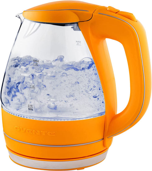 Ovente Electric Kettle Hot Water Boiler 1.5 Liter BPA Free Borosilicate Glass Fast Boiling Countertop Heater with Automatic Shut Off & Boil Dry Protection for Tea Coffee Milk Noodle, Orange KG83O