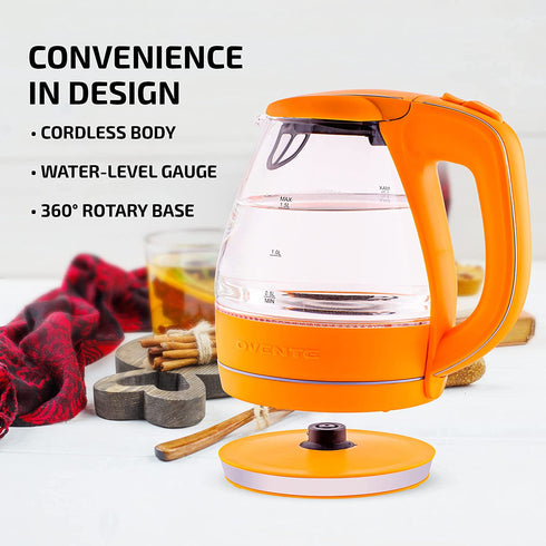 Ovente Electric Kettle Hot Water Boiler 1.5 Liter BPA Free Borosilicate Glass Fast Boiling Countertop Heater with Automatic Shut Off & Boil Dry Protection for Tea Coffee Milk Noodle, Orange KG83O