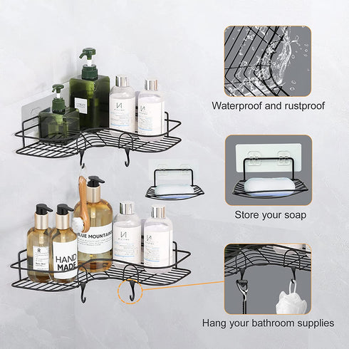 ASHINER Corner Shower Caddy, Bathroom Organizer Shelf Rust Proof Bathtub Storage Basket Accessories - No Drilling Shampoo Holder with Soap Holder Rack and Adhesive Hooks - 3 Pack, Black