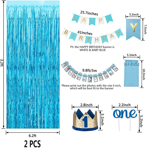 JOYYPOP 1st Birthday Boy Decorations 66PCS Blue 1st Birthday Decorations for Boy with 12 Months Photo Banner, 1st Birthday Baby Crown, ONE Cake Topper, 1st Birthday Highchair Banner