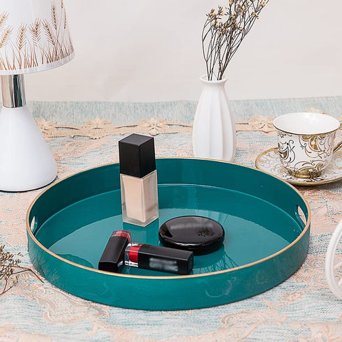 MAONAME 13" Round Tray, Teal Serving Tray with Handles, Modern Decorative Tray for Coffee Table, Plastic Ottoman Tray for Ottoman, Bathroom, Decor
