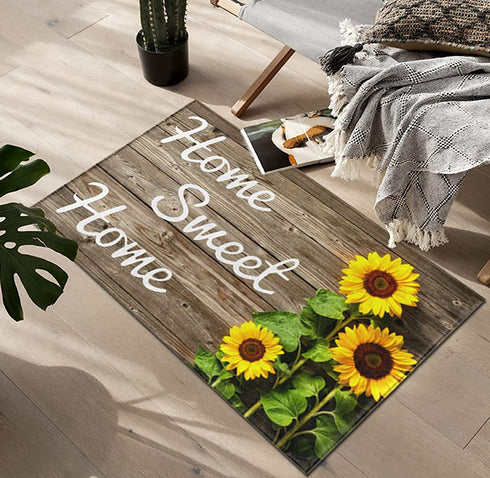 Sunflower Welcome Doormat, 17 X 29 Inch Wood Background Flower Spring Summer Decorative Home Sweet Home Entrance Rug Door Mat Rubber Backing Non-Slip Floor Mat for Kitchen Bathroom