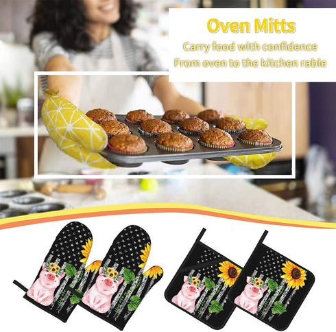 Oven Mitts and Pot Holders Sets Farmhouse Sunflower Pig American Flag Kitchen Microwave Gloves and Hot Pads Potholders with Cotton Liner Grip Cooking Mitts for Baking Cooking Grilling BBQ