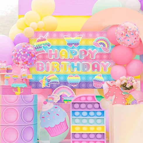Pop Birthday Party Decorations,Macaron Pastel Pop Push Backdrop 5x3Ft for Girls Boys Kids Adults Rainbow Popper Pop Fidget Toy Birthday Party Supplies Happy Birthday Banner Photography Background