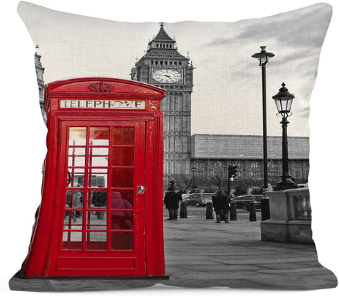 Emvency Set of 4 Linen Throw Pillow Covers 18x18 Inches Home Decorative Cushion Red London Street Bus Telephone Booth Big Ben Pillow Cases Square Pillocases for Bed Sofa