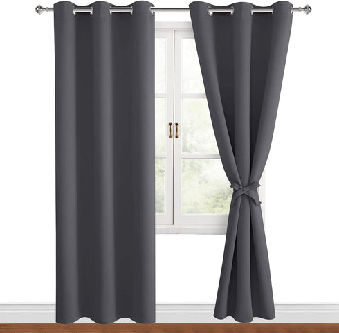 Hiasan Grommet Blackout Curtains for Bedroom, 42 x 84 Inches Long - Thermal Insulated & Light Blocking Window Curtains for Living Room, 2 Drape Panels Sewn with Tiebacks, Dark Grey