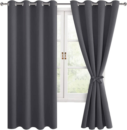 Hiasan Blackout Curtains for Bedroom, 52 x 63 Inches Length - Thermal Insulated & Light Blocking Window Curtains for Living Room, 2 Drape Panels Sewn with Tiebacks, Dark Grey