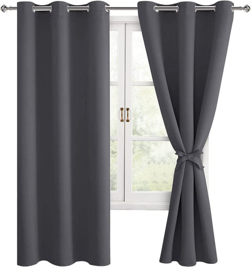 Hiasan Grommet Blackout Curtains for Bedroom, 42 x 63 Inches Length - Thermal Insulated & Light Blocking Window Curtains for Living Room, 2 Drape Panels Sewn with Tiebacks, Dark Grey
