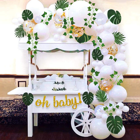 Sweet Baby Co. Boho Fake Greenery Baby Shower Decorations Neutral with Balloon Garland Arch Kit, Oh Hello Baby Banner, Green Ivy Leaf Garland Vines Decoration Decor for Jungle Safari Woodland Backdrop Theme