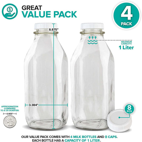 Liter Glass Milk Bottles (4 Pack) 8 White Caps - 33.8 Oz Milk Jars with Lids - Food Grade Glass Bottles - Dishwasher Safe - Bottles for Oat Milk, Buttermilk, Honey, Syrup, Jam, Sauce - Stock Your Home