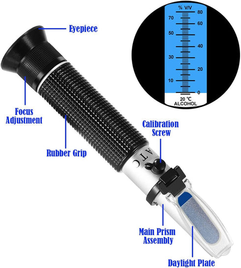 Handheld Alcohol Refractometer,V·RESOURCING 0~80% Alcohol Content Measurement Tool Tester for Spirits Distilled Ethanol with Water like Whiskey, Brandy;Used in Scientific Research, Alcohol Purchase