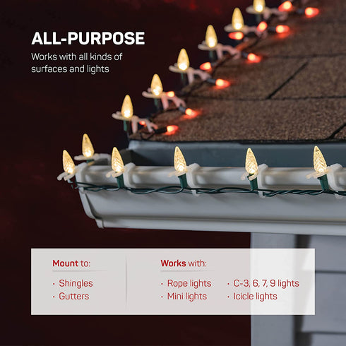 SEWANTA All-Purpose Light Clips Holder - Set of 600 Christmas light hooks - Mount holiday lights to shingles and gutters - works with Rope, Mini, c-7-6-9, icicle lights - USA made - No tools required