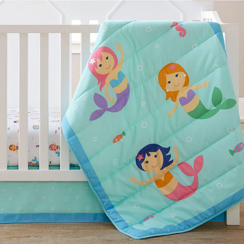 Wildkin 100% Microfiber 3 Pc Crib Bed In A Bag for Toddler Boys and Girls, Bedding Set Includes Printed Comforter, Fitted Bottom Sheet and Coordinating Crib Skirt, Olive Kids (Mermaids)