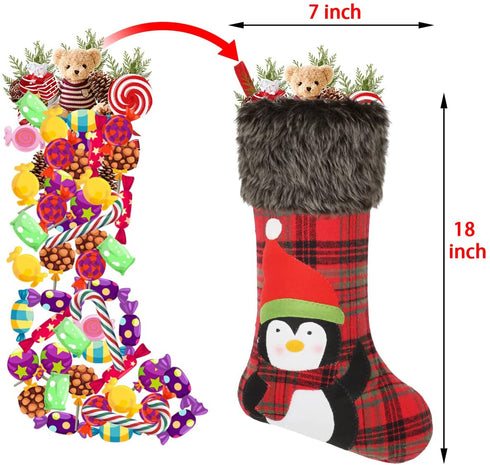 Aitbay Christmas Stockings, 4 Pack 18" Big Xmas Stockings, Burlap Plaid Style with Penguin Santa Snowman Reindeer and Plush Faux Fur Cuff Family Pack Stockings for Xmas Holiday Party Decor