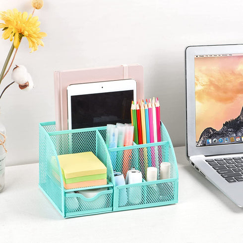 Green Desk Organizer for Women, Mesh Office Supplies Cute Stationary Organization Office Accessories Essentials Caddy with Drawer for Home & Office Desktop & Decor& Kitchen