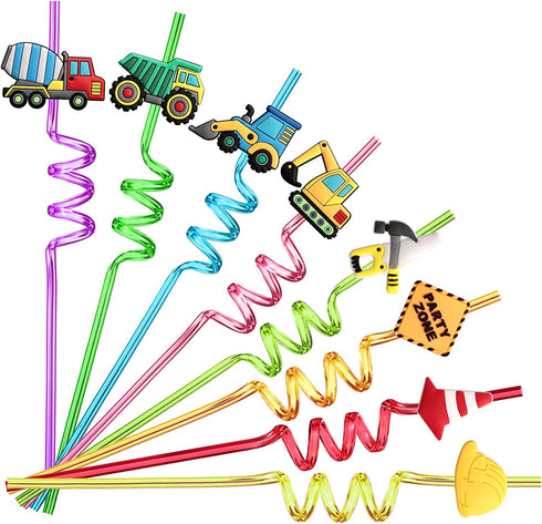 24 Reusable Construction Plastic Straws Excavator Bulldozer Blender Truck for Construction Theme Birthday Party Supplies Gift Favors with 2 Cleaning Brushes