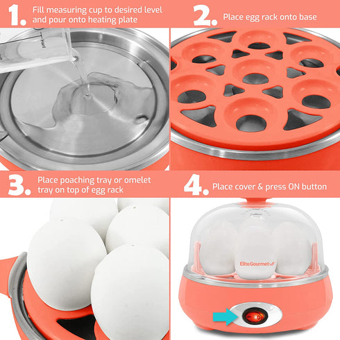 Elite Gourmet EGC007C Rapid Egg Cooker, 7 Easy-To-Peel, Hard, Medium, Soft Boiled Eggs, Poacher, Omelet Maker, Auto Shut-Off, Alarm, 16-Recipe Booklet, BPA-Free, Coral