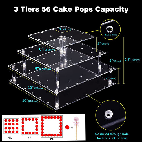 Acrylic Cake Pop Display Stand, ANMEISH 56 Hole Clear 3 Tier Square Lollipop Holder, Ideal for Weddings Baby Showers Birthday Party Anniversaries Holiday Candy Decorative