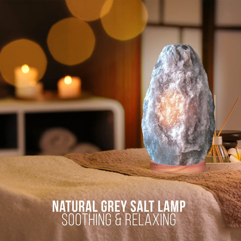 Himalayan Glow Natural Grey Salt Lamp,Night Light,Hand Carved Crystal Salt Lamp with Neem Wooden Base,Salt Lamp Bulb,(ETL Certified) Dimmer Switch | 5-7 LBS (2 Extra Bulbs)