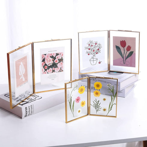 LONGWIN 5x7 Gold Brass Picture Frames Double Folding Photo Frame Tabletop Memorial Picture Frame for Pressed Flowers Artwork Certificate Plants Specimen