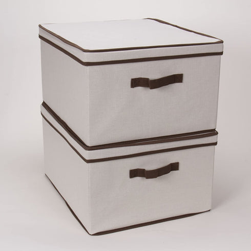 Household Essentials 515 Storage Box with Lid and Handle- Natural Beige Canvas with Brown Trim- Jumbo
