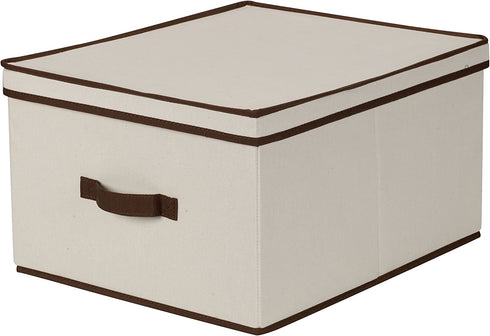 Household Essentials 515 Storage Box with Lid and Handle- Natural Beige Canvas with Brown Trim- Jumbo