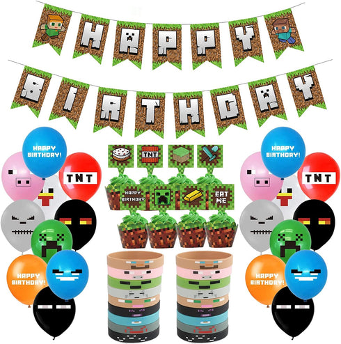 Pixel Style Gamer Party Supplies, Miner Theme Birthday Party Favors and Decors Set Includes 1 Banner, 20 Balloons, 24 Cupcake Toppers, 24 Wrappers, 18 Bracelets