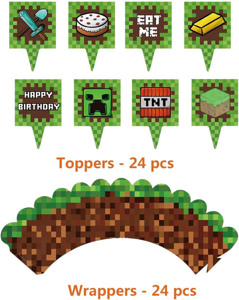 Pixel Style Gamer Party Supplies, Miner Theme Birthday Party Favors and Decors Set Includes 1 Banner, 20 Balloons, 24 Cupcake Toppers, 24 Wrappers, 18 Bracelets