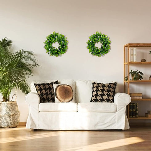 2 Pack 12" Artificial Boxwood Wreath for Front Door Faux Green Leaves Greenery Spring Wreath for Home Wall Window Wedding Party Hanging Decor (White Seeds)