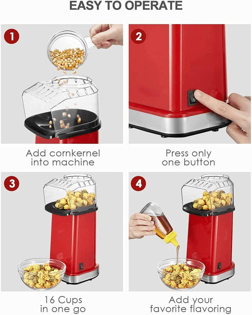 Hot Air Popcorn Popper, 1400W Electric Popcorn Maker Machine 2 Minutes Fast Popping, 18 Cups, Healthy & Fat Free, For Home, Christmas, Movie Night or Party, BPA Free