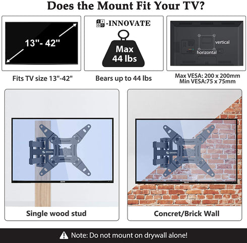 Full Motion TV Wall Mount Articulating Bracket for 13-42 Inch LED LCD OLED Flat Curved Screens, Swivel Tilt Extension Rotation TV Mount Monitor Max VESA 200x200mm up to 44lbs by ERGO-INNOVATE