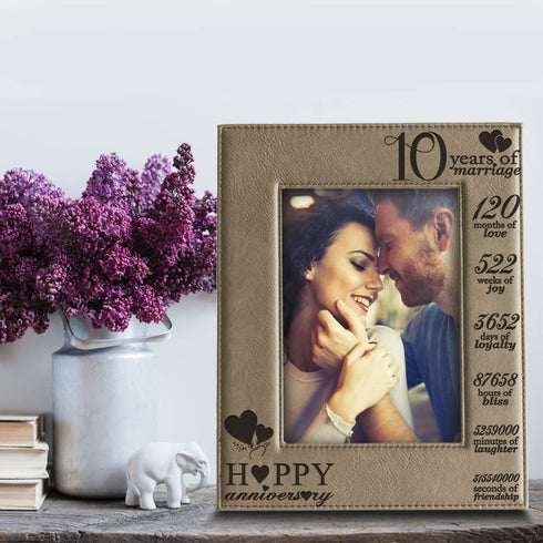 Bella Busta-Happy 10th Anniversary-10 Years of Marriage, Months, Weeks, Days, Hours, Weeks, Minutes, Seconds-10 years anniversary-Engraved Leather Picture Frame (4"x 6" Vertical)