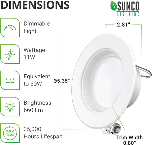 Sunco Lighting 4 Inch LED Can Lights Retrofit Recessed Lighting, Baffle Trim, Dimmable, 3000K Warm White, 11W=60W, 660 LM, Damp Rated, Replacement Conversion Kit UL Energy Star Listed 4 Pack
