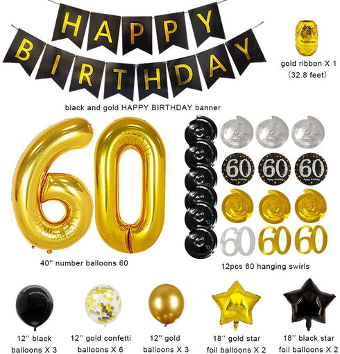 60th Birthday Decorations For Men -Happy Birthday Banner 60 Birthday Balloons Birthday Party Balloon Numbers