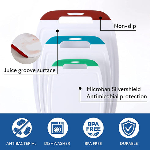 Neoflam Microban Protection Cutting Board 3 Piece Set, Stain & Odor/BPA Free, Reversable Board, Upgraded Larger Juice Groove, Non-Slip EZ Grip Handle, Dishwasher Safe, Multicolor