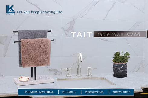 LKKL Hand Towel Holder Stand for Bathroom with Resin Base, Countertop Towel Stand for Fingertip, Washcloth, Dishcloth Holder with Soap Tray for Kitchen Washroom Vanity, Hand Towel Rack Black 12"