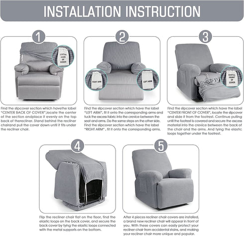 Recliner Cover 4-Pieces, TAOCOCO Recliner Stretch Sofa Slipcover Recliner Cover 1 Seater Couch Protector Soft Furniture Protector Covers with Elastic Chair Covers Jacquard Pattern (Dusty Grey)