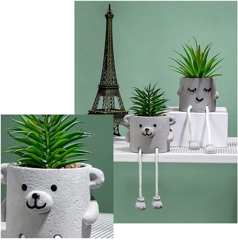 Lavenor Artificial Potted Plant Fake Succulent Plant Cute Hanging Leg Bear Cement Potted Succulents Decor for for Desk Shelf Bedroom Living Room and Office Decoration
