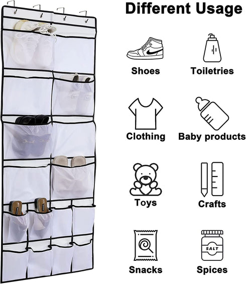 Armindou Extra Large Pockets Hanging Over The Door Shoe Organizer 2 Pack Closet Shoe Organizer With 8 Extra Large Mesh Storage Pockets for Bedroom Door Apartment Storage (White, 64.1X22.8 )