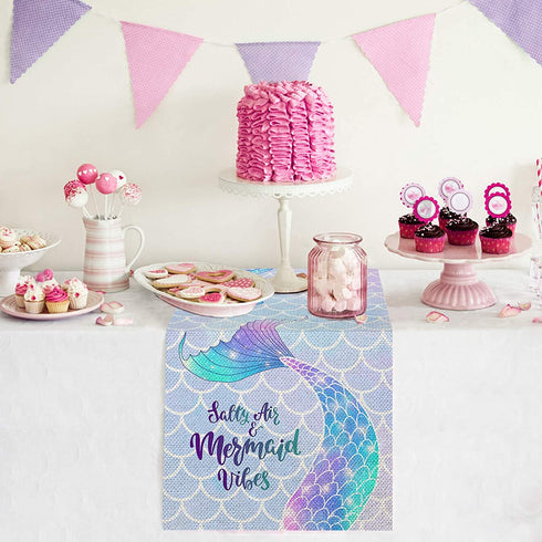 Bonsai Tree Mermaid Table Runner 72 Inch, Pink Mermaid Tail Scales Burlap Table Runners, Beach Small Dining Coffee Dresser Scarves Table Cloth Decor Gifts for Home Girls Women Dining Room Parties