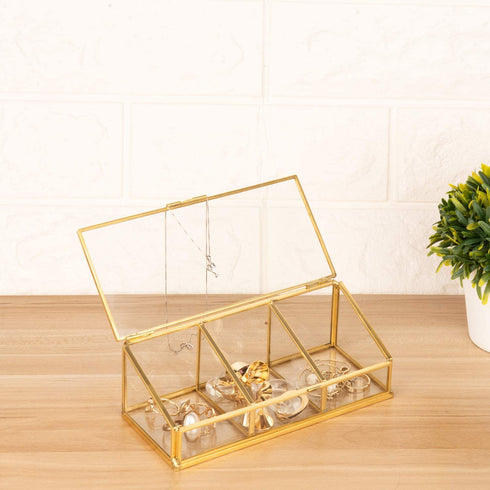 Feyarl Gold Glass Box Makeup Cosmetic Cotton Pads Box Jewelry Trinket Glass Box Flip Ring Earring Studding Necklace Box Clear Decorative Box Beauty Display