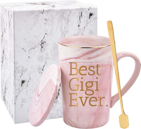Best Gigi Ever Mug Grandma Mug Gifts for Grandma Mothers Day Birthday Gifts for Grandma from Grandchildren Grandma Marble Cup 14 Oz Pink with Box Packing Spoon and Coaster