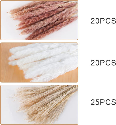 Pampas Grass, 65Pcs Natural Dried Pampas Grass Decor With 20Pcs Cream White Pampas Grass& 20Pcs Brown Pampas&25Pcs Pompous Grass,17.5"Bouquet For Dried Flowers Decor And Flower Arrangements Home Decor