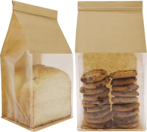 euduv Bakery Bags with Window Cookie Bags for Packaging 50Pcs 5.1x4.3x11 Inches Brown Kraft Paper Tin Tie Tab Lock Candy Bags Treat Bags, Popcorn, Coffee Bags Resealable