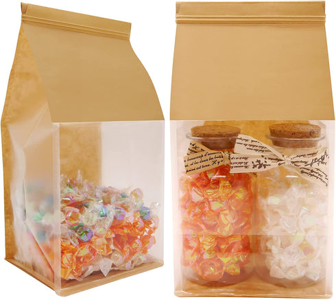 euduv Bakery Bags with Window Cookie Bags for Packaging 50Pcs 5.1x4.3x11 Inches Brown Kraft Paper Tin Tie Tab Lock Candy Bags Treat Bags, Popcorn, Coffee Bags Resealable